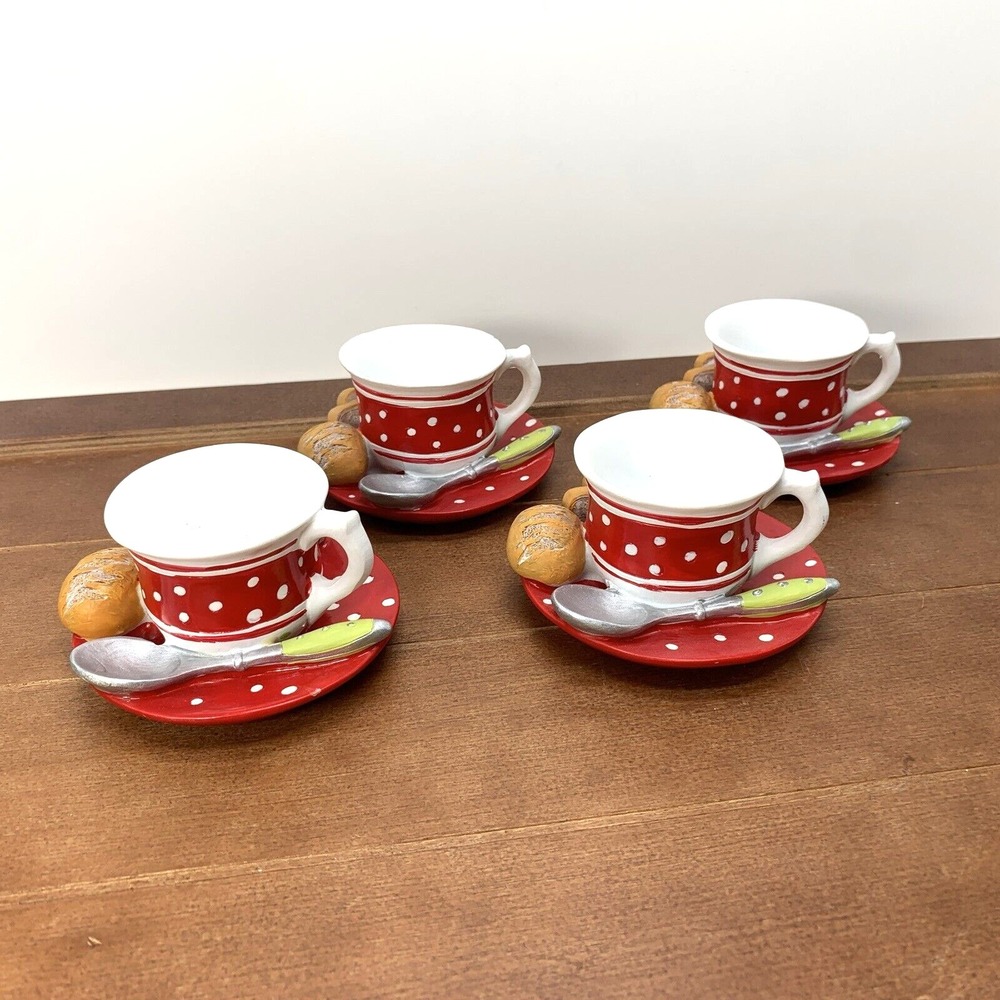 Set of 4, Silea Hand-Painted Resin Tea Cups Saucer Spoon Polka Dots Figurines
